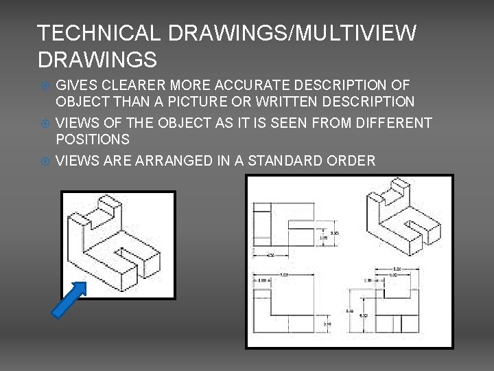 TECHNICAL DRAWINGS/MULTIVIEW DRAWINGS GIVES CLEARER MORE ACCURATE DESCRIPTION OF OBJECT THAN A PICTURE OR