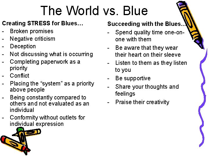 The World vs. Blue Creating STRESS for Blues… - Broken promises - Negative criticism