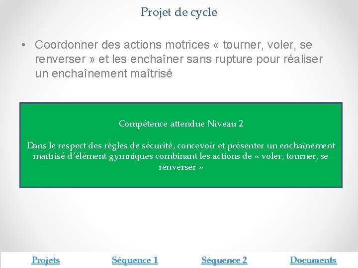 Projet de cycle • Coordonner des actions motrices « tourner, voler, se renverser »