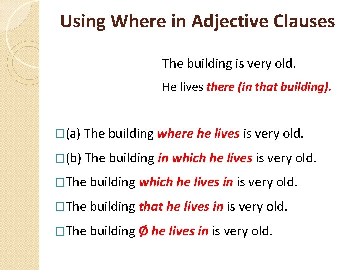 Using Where in Adjective Clauses The building is very old. He lives there (in