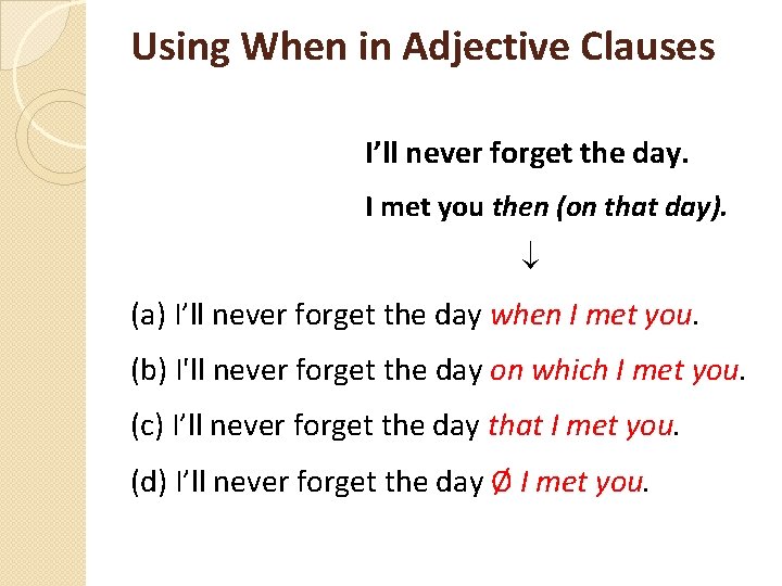 Using When in Adjective Clauses I’ll never forget the day. I met you then