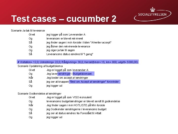 Test cases – cucumber 2 Scenarie Ja tak til leverance Givet Og Så Og