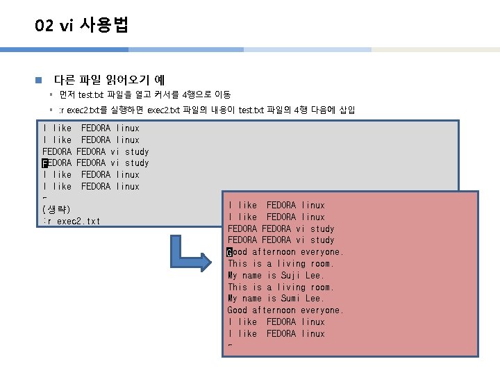 02 vi 사용법 n 다른 파일 읽어오기 예 § 먼저 test. txt 파일을 열고