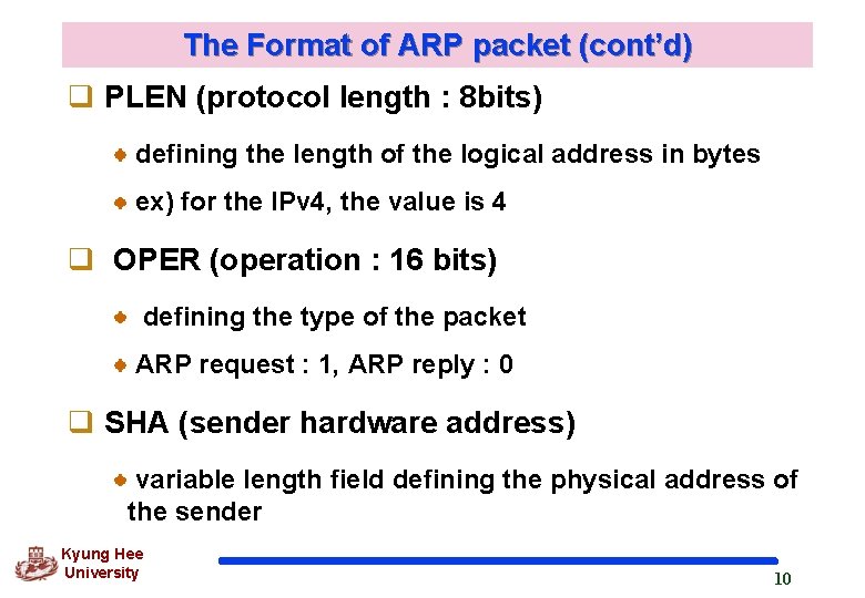 The Format of ARP packet (cont’d) q PLEN (protocol length : 8 bits) defining