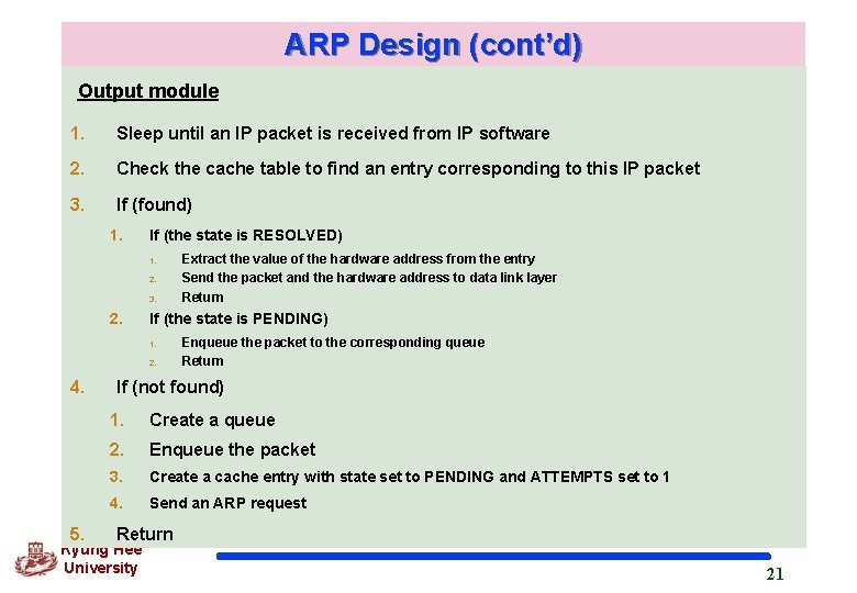 ARP Design (cont’d) Output module 1. Sleep until an IP packet is received from