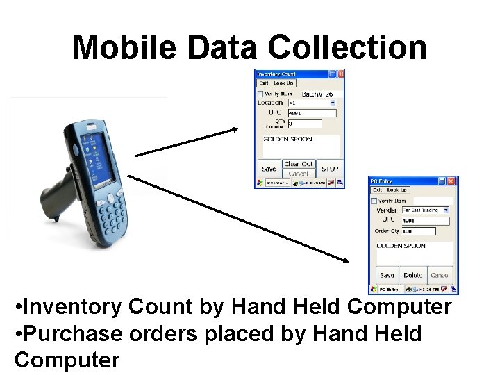 Mobile Data Collection • Inventory Count by Hand Held Computer • Purchase orders placed