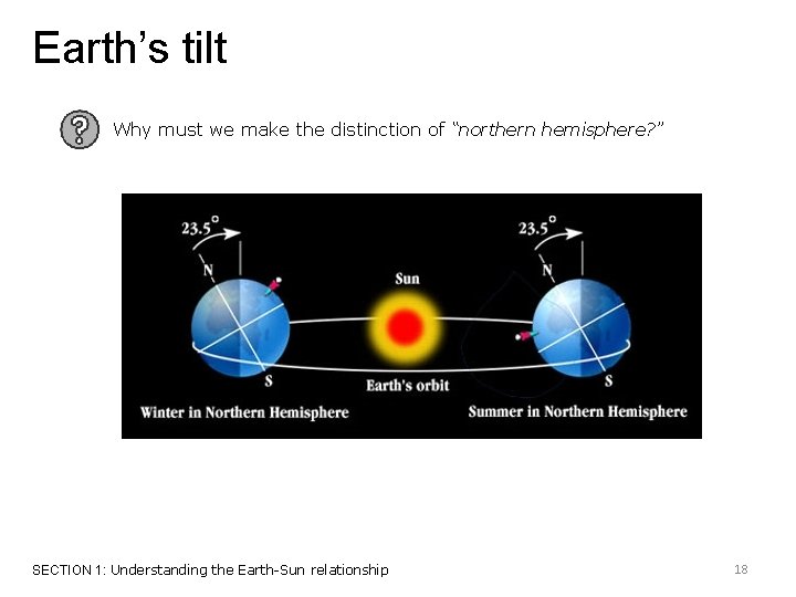 Earth’s tilt Why must we make the distinction of “northern hemisphere? ” SECTION 1: