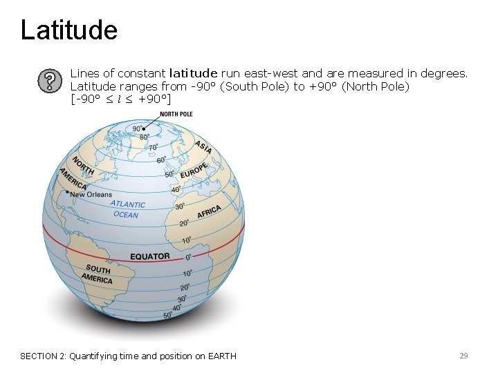 Latitude Lines of constant latitude run east-west and are measured in degrees. Latitude ranges