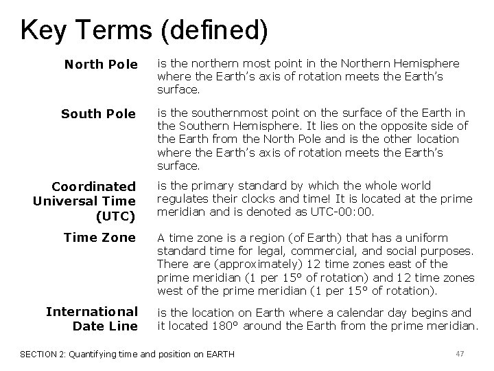 Key Terms (defined) North Pole is the northern most point in the Northern Hemisphere