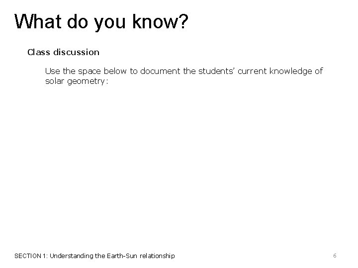 What do you know? Class discussion Use the space below to document the students’