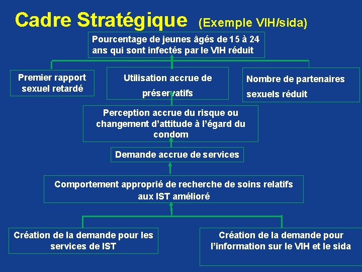 Cadre Stratégique (Exemple VIH/sida) Pourcentage de jeunes âgés de 15 à 24 ans qui