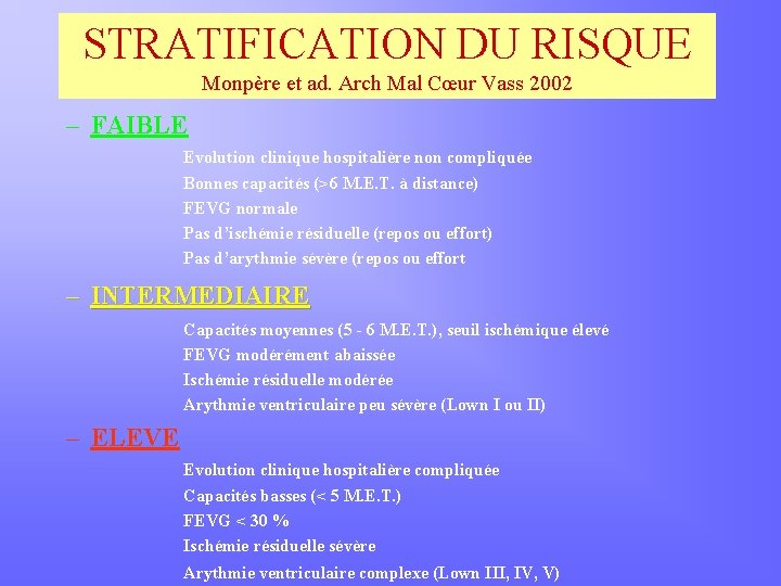 STRATIFICATION DU RISQUE Monpère et ad. Arch Mal Cœur Vass 2002 – FAIBLE Evolution