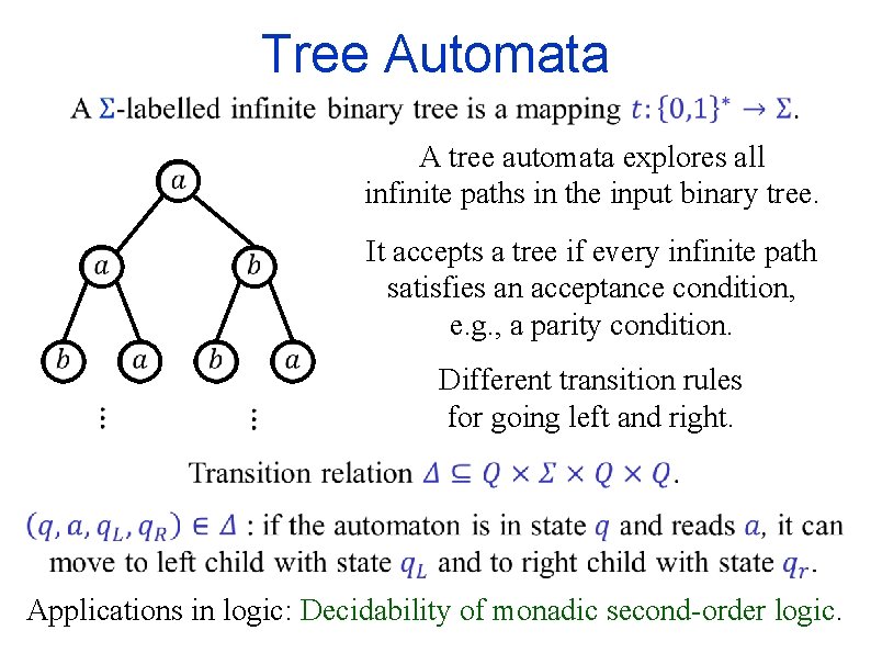 Tree Automata A tree automata explores all infinite paths in the input binary tree.