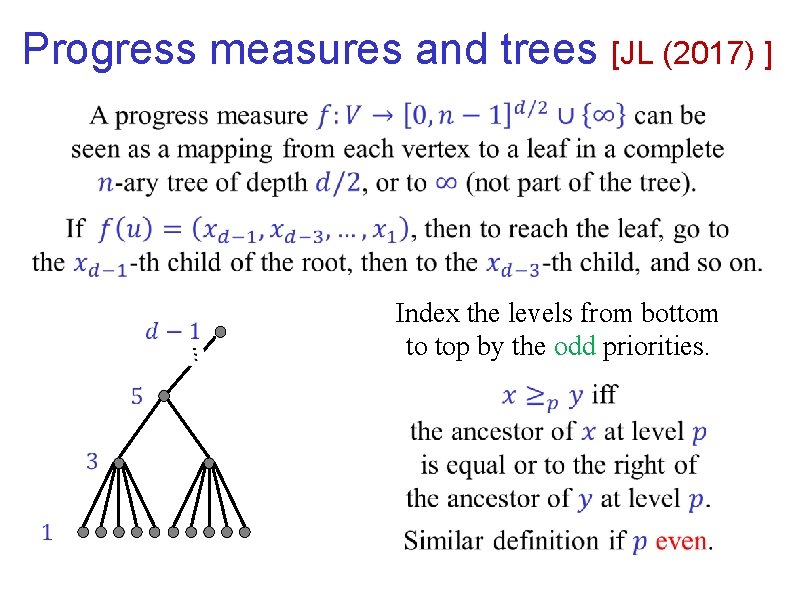 Progress measures and trees [JL (2017) ] Index the levels from bottom to top