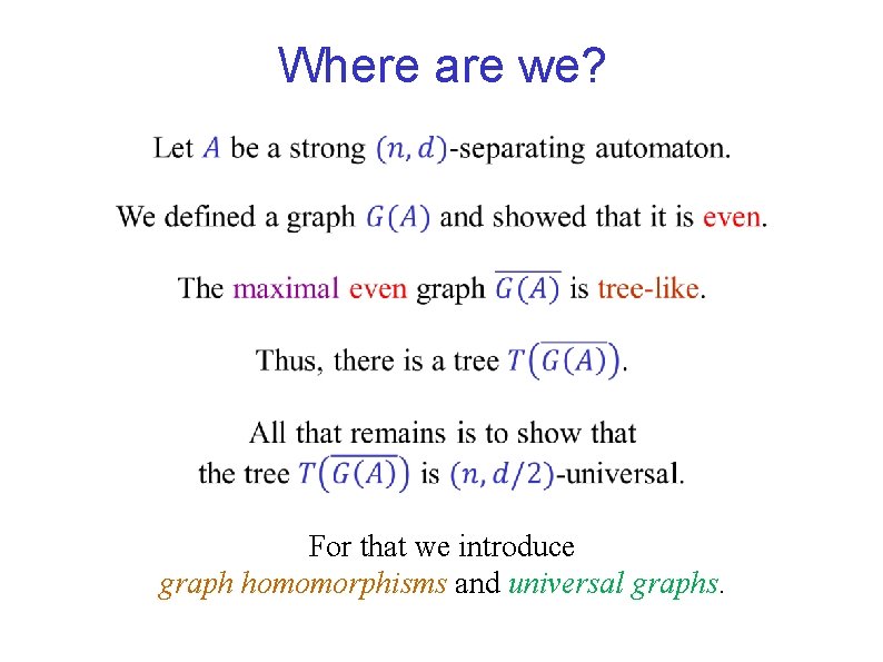 Where are we? For that we introduce graph homomorphisms and universal graphs. 