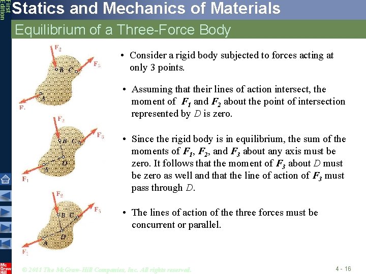 First Edition Statics and Mechanics of Materials Equilibrium of a Three-Force Body • Consider