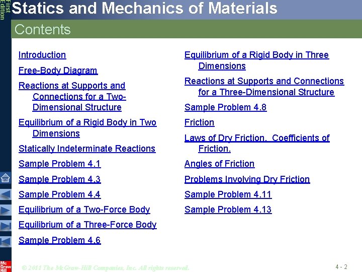 First Edition Statics and Mechanics of Materials Contents Introduction Free-Body Diagram Equilibrium of a