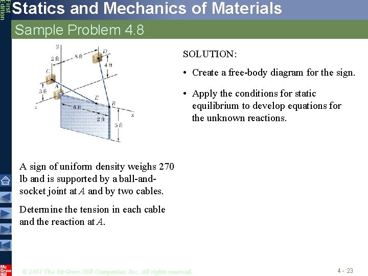 First Edition Statics and Mechanics of Materials Sample Problem 4. 8 SOLUTION: • Create