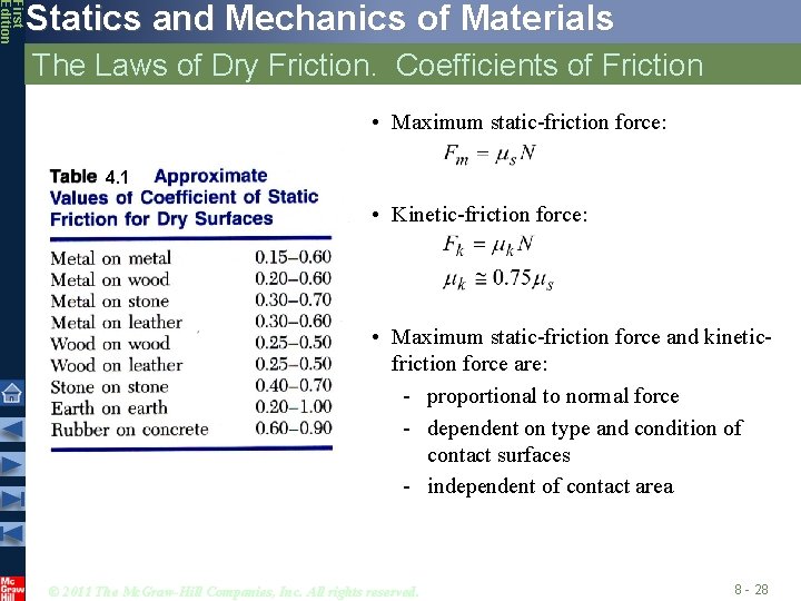 First Edition Statics and Mechanics of Materials The Laws of Dry Friction. Coefficients of