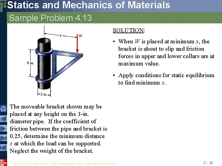 First Edition Statics and Mechanics of Materials Sample Problem 4. 13 SOLUTION: • When