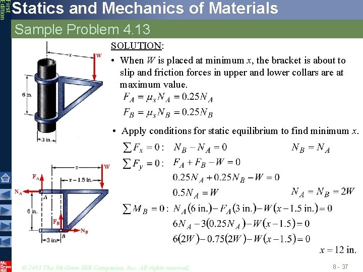 First Edition Statics and Mechanics of Materials Sample Problem 4. 13 SOLUTION: • When