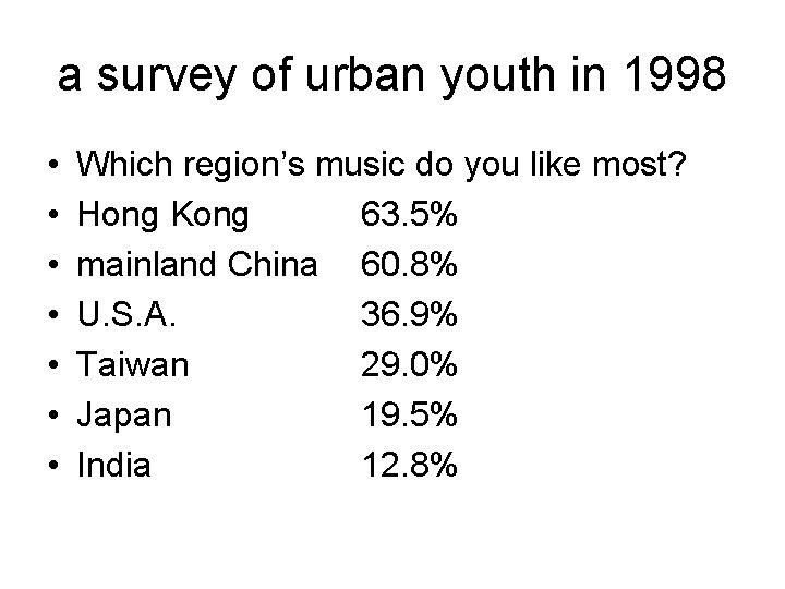 a survey of urban youth in 1998 • • Which region’s music do you