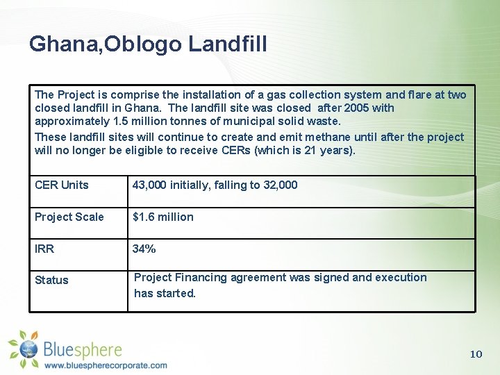 Ghana, Oblogo Landfill The Project is comprise the installation of a gas collection system