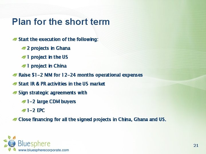 Plan for the short term Start the execution of the following: 2 projects in