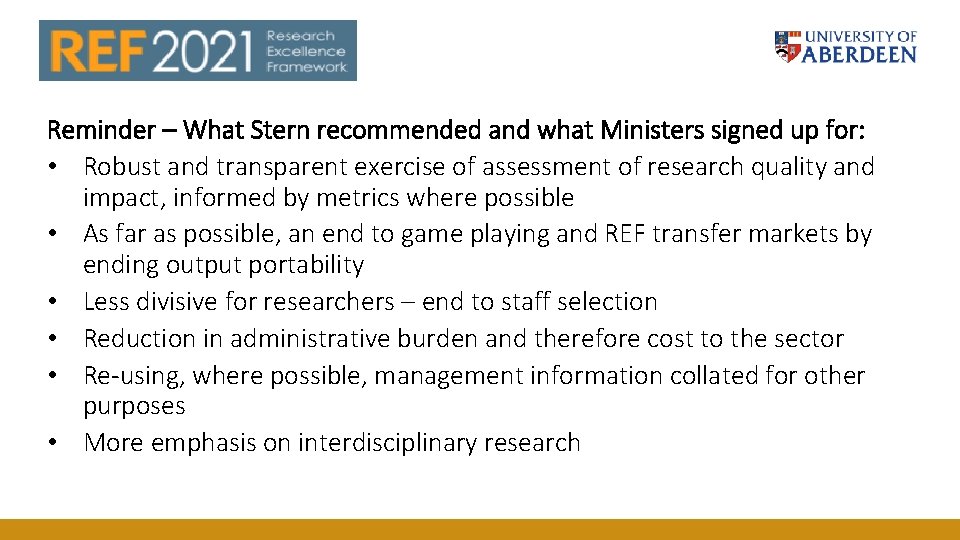 Reminder – What Stern recommended and what Ministers signed up for: • Robust and Reminder – What Stern recommended and what Ministers signed up for: • Robust and