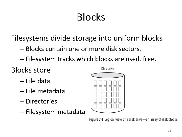 Blocks Filesystems divide storage into uniform blocks – Blocks contain one or more disk