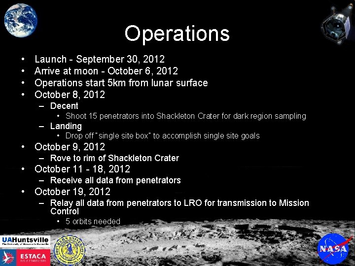 Operations • • Launch - September 30, 2012 Arrive at moon - October 6,