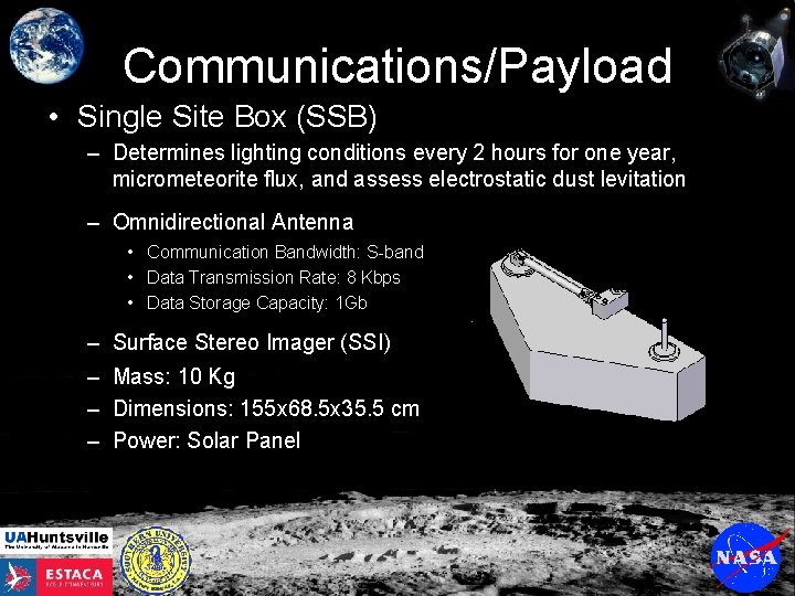 Communications/Payload • Single Site Box (SSB) – Determines lighting conditions every 2 hours for