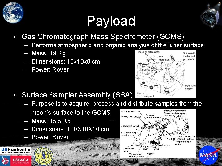 Payload • Gas Chromatograph Mass Spectrometer (GCMS) – – Performs atmospheric and organic analysis