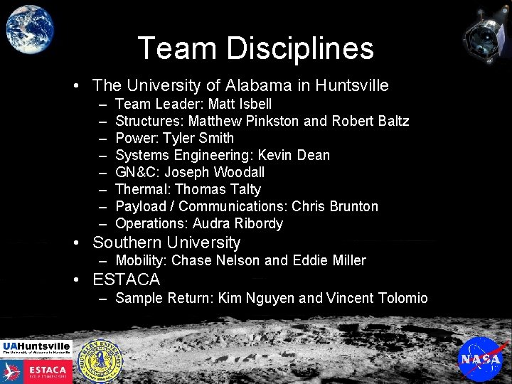 Team Disciplines • The University of Alabama in Huntsville – – – – Team
