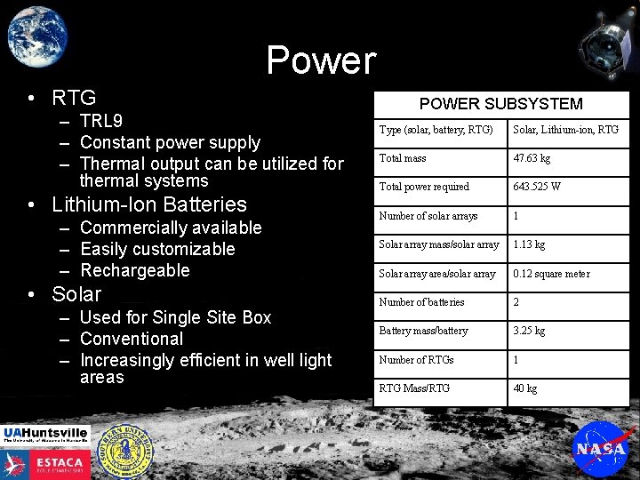 Power • RTG – TRL 9 – Constant power supply – Thermal output can