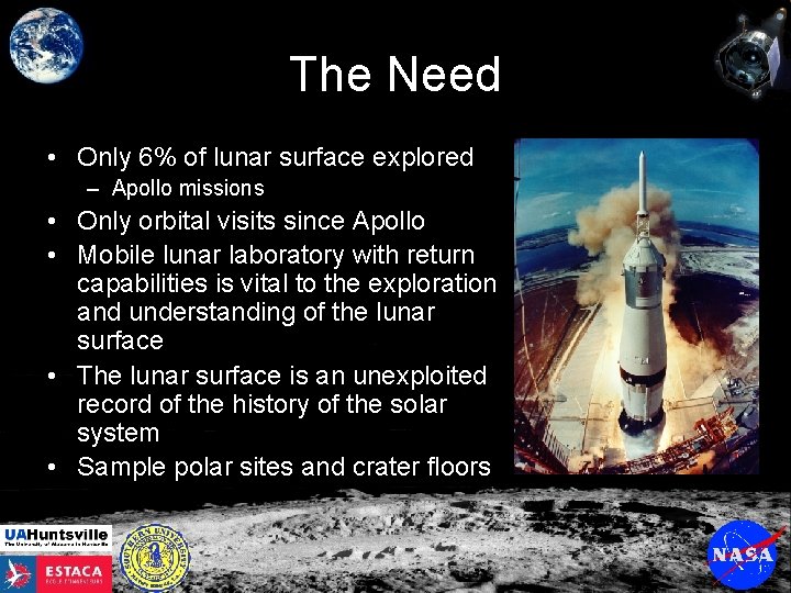 The Need • Only 6% of lunar surface explored – Apollo missions • Only