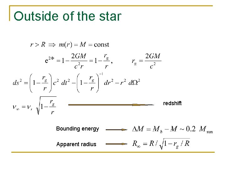 Outside of the star redshift Bounding energy Apparent radius 