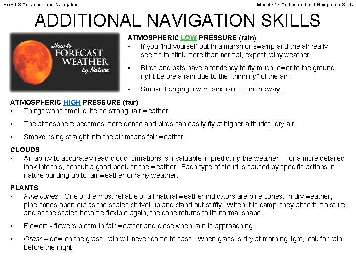 PART 3 Advance Land Navigation Module 17 Additional Land Navigation Skills ADDITIONAL NAVIGATION SKILLS