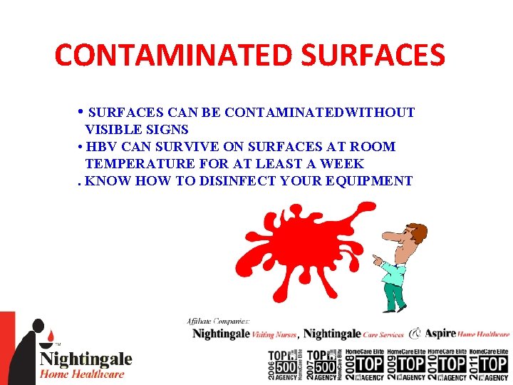 CONTAMINATED SURFACES • SURFACES CAN BE CONTAMINATEDWITHOUT VISIBLE SIGNS • HBV CAN SURVIVE ON