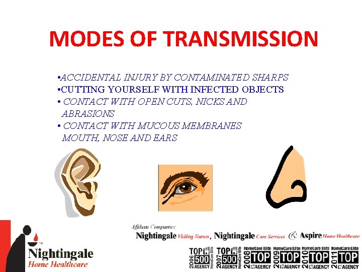 MODES OF TRANSMISSION • ACCIDENTAL INJURY BY CONTAMINATED SHARPS • CUTTING YOURSELF WITH INFECTED