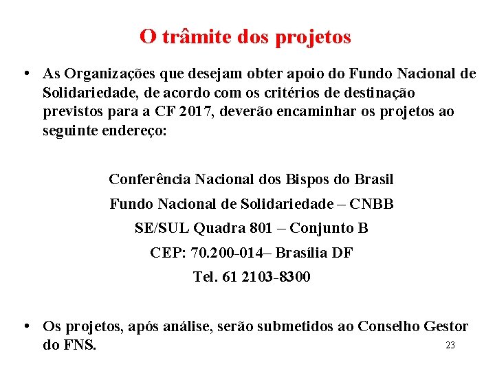 O trâmite dos projetos • As Organizações que desejam obter apoio do Fundo Nacional