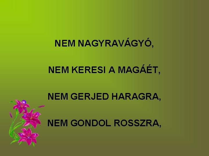 NEM NAGYRAVÁGYÓ, NEM KERESI A MAGÁÉT, NEM GERJED HARAGRA, NEM GONDOL ROSSZRA, 