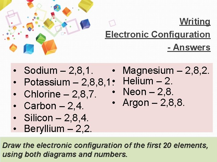 Writing Electronic Configuration - Answers • • • Sodium – 2, 8, 1. •