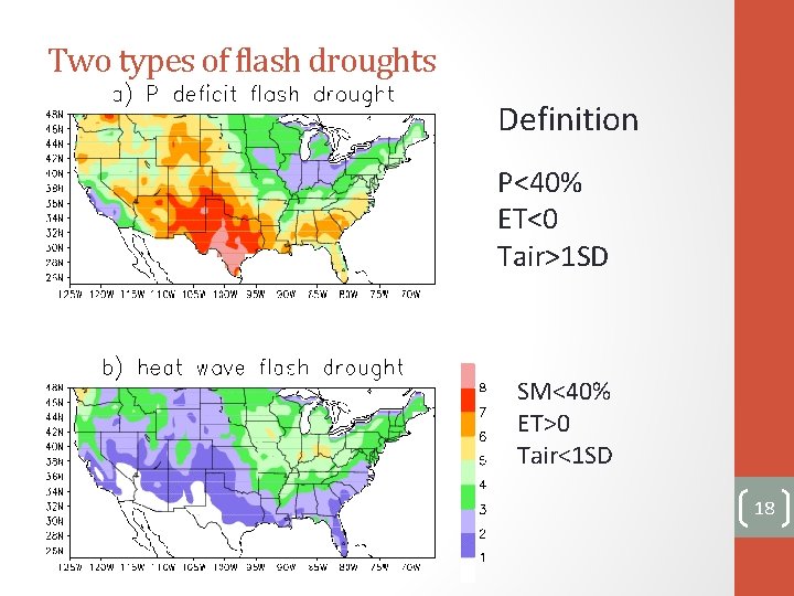 Two types of flash droughts Definition P<40% ET<0 Tair>1 SD SM<40% ET>0 Tair<1 SD