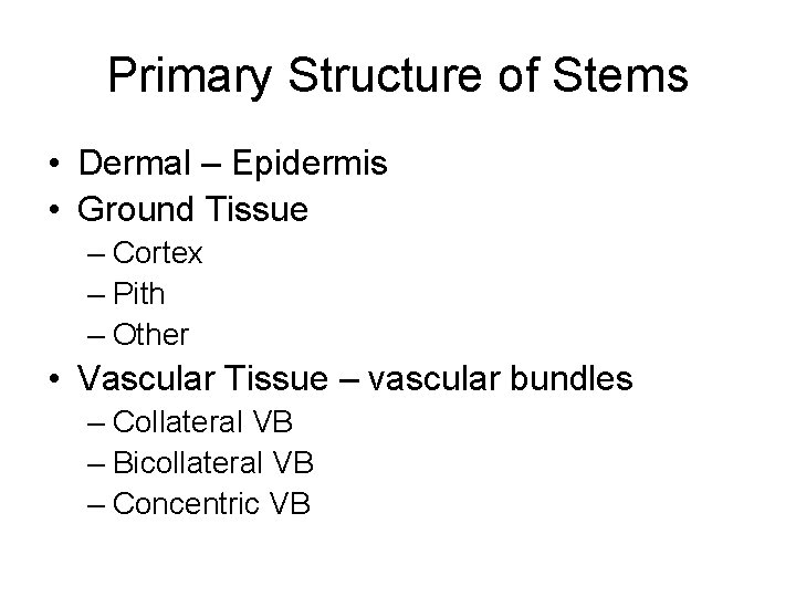 Primary Structure of Stems • Dermal – Epidermis • Ground Tissue – Cortex –