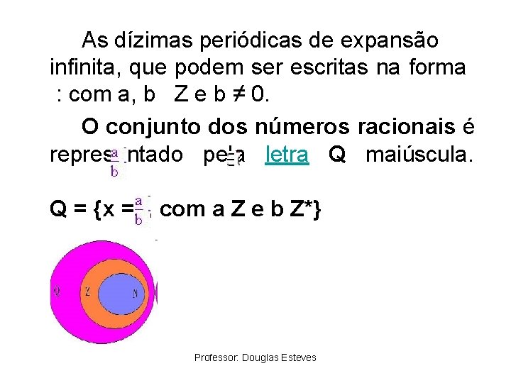 As dízimas periódicas de expansão infinita, que podem ser escritas na forma : com