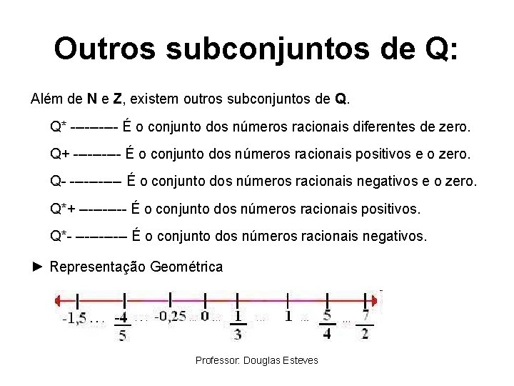 Outros subconjuntos de Q: Além de N e Z, existem outros subconjuntos de Q.