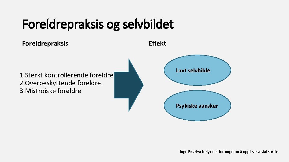 Foreldrepraksis og selvbildet Foreldrepraksis 1. Sterkt kontrollerende foreldre 2. Overbeskyttende foreldre. 3. Mistroiske foreldre