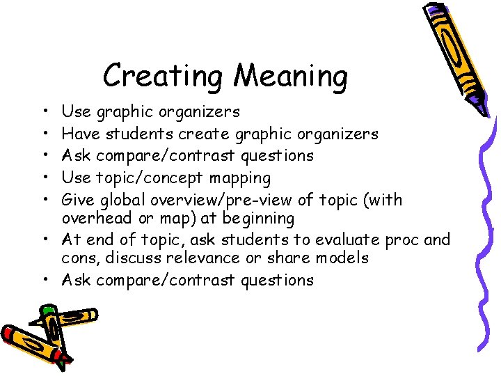 Creating Meaning • • • Use graphic organizers Have students create graphic organizers Ask