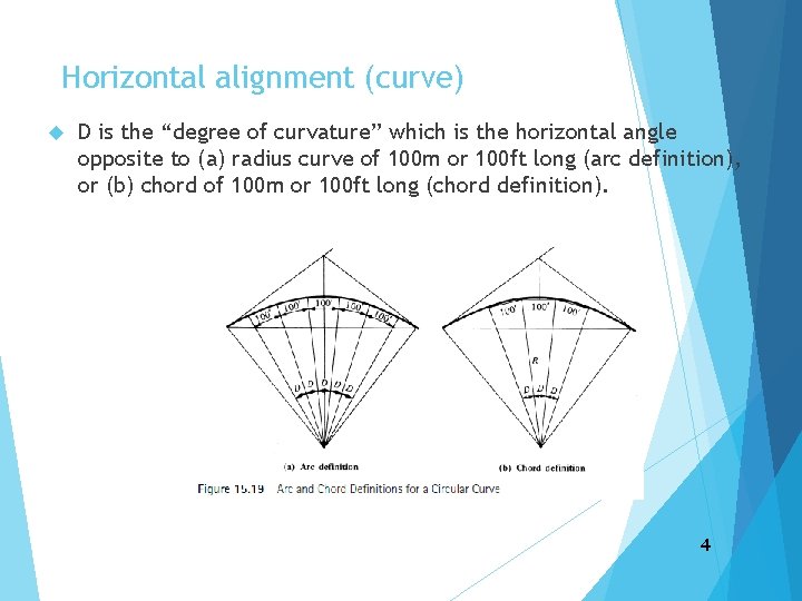 Horizontal alignment (curve) D is the “degree of curvature” which is the horizontal angle